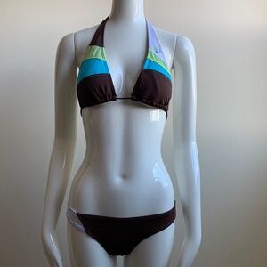 Rip Curl brown  blue lime color block halter top bikini